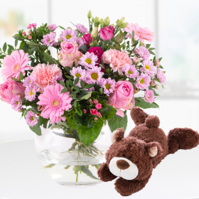 Bouquet of Flowers + Teddy Bear for the Birth of a Girl