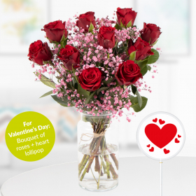 Valentine's Day flower bouquet + heart lollipop